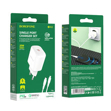Заредете изображение във визуализатора на галерията – Borofone Wall charger BN3 Premium - Type C - QC 3.0 PD 2.0 20W with Type C to Lightning cable white
