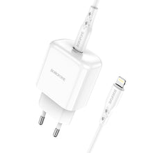 Заредете изображение във визуализатора на галерията – Borofone Wall charger BN3 Premium - Type C - QC 3.0 PD 2.0 20W with Type C to Lightning cable white
