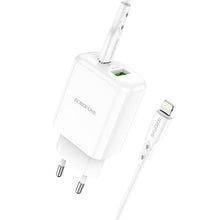 Заредете изображение във визуализатора на галерията – Borofone Wall charger BN4 Potential - USB + Type C - QC 3.0 PD 2.0 20W with Type C to Lightning cable white
