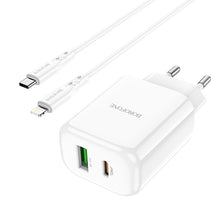 Заредете изображение във визуализатора на галерията – Borofone Wall charger BN4 Potential - USB + Type C - QC 3.0 PD 2.0 20W with Type C to Lightning cable white
