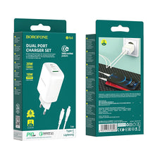 Заредете изображение във визуализатора на галерията – Borofone Wall charger BN4 Potential - USB + Type C - QC 3.0 PD 2.0 20W with Type C to Lightning cable white
