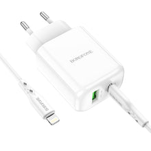 Заредете изображение във визуализатора на галерията – Borofone Wall charger BN4 Potential - USB + Type C - QC 3.0 PD 2.0 20W with Type C to Lightning cable white
