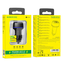 Заредете изображение във визуализатора на галерията – Borofone Car charger BZ14A Mercury - USB + Type C - QC 3.0 PD 20W 3A black
