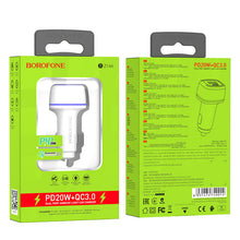Заредете изображение във визуализатора на галерията – Borofone Car charger BZ14A Mercury - USB + Type C - QC 3.0 PD 20W 3A white
