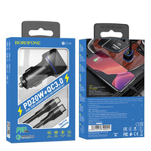 Заредете изображение във визуализатора на галерията – Borofone Car charger BZ14A Mercury - USB + Type C - QC 3.0 PD 20W 3A with Type C to Lightning cable black
