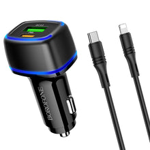 Заредете изображение във визуализатора на галерията – Borofone Car charger BZ14A Mercury - USB + Type C - QC 3.0 PD 20W 3A with Type C to Lightning cable black
