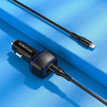 Заредете изображение във визуализатора на галерията – Borofone Car charger BZ14A Mercury - USB + Type C - QC 3.0 PD 20W 3A with Type C to Lightning cable black
