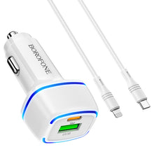 Заредете изображение във визуализатора на галерията – Borofone Car charger BZ14A Mercury - USB + Type C - QC 3.0 PD 20W 3A with Type C to Lightning cable white
