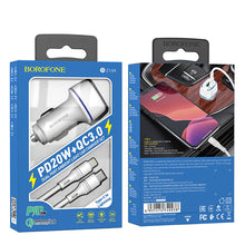 Заредете изображение във визуализатора на галерията – Borofone Car charger BZ14A Mercury - USB + Type C - QC 3.0 PD 20W 3A with Type C to Lightning cable white
