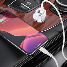 Заредете изображение във визуализатора на галерията – Borofone Car charger BZ14A Mercury - USB + Type C - QC 3.0 PD 20W 3A with Type C to Lightning cable white
