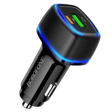 Заредете изображение във визуализатора на галерията – Borofone Car charger BZ14A Mercury - USB + Type C - QC 3.0 PD 20W 3A with Type C to Type C cable black
