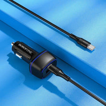 Заредете изображение във визуализатора на галерията – Borofone Car charger BZ14A Mercury - USB + Type C - QC 3.0 PD 20W 3A with Type C to Type C cable black
