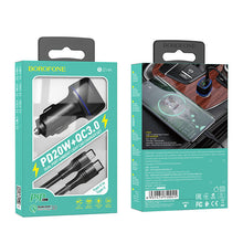 Заредете изображение във визуализатора на галерията – Borofone Car charger BZ14A Mercury - USB + Type C - QC 3.0 PD 20W 3A with Type C to Type C cable black

