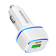 Заредете изображение във визуализатора на галерията – Borofone Car charger BZ14A Mercury - USB + Type C - QC 3.0 PD 20W 3A with Type C to Type C cable white
