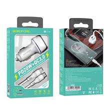 Заредете изображение във визуализатора на галерията – Borofone Car charger BZ14A Mercury - USB + Type C - QC 3.0 PD 20W 3A with Type C to Type C cable white

