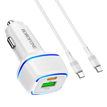 Заредете изображение във визуализатора на галерията – Borofone Car charger BZ14A Mercury - USB + Type C - QC 3.0 PD 20W 3A with Type C to Type C cable white
