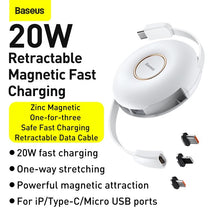 Заредете изображение във визуализатора на галерията – Baseus Cable Zinc Magnetic 3 in 1 - Type C to Micro USB, Lightning, Type C - 20W 1 metre (CAMLC-02) white
