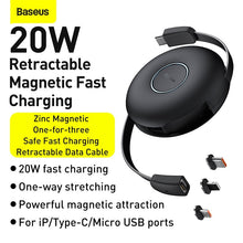 Заредете изображение във визуализатора на галерията – Baseus Cable Zinc Magnetic 3 in 1 - Type C to Micro USB, Lightning, Type C - 20W 1 metre (CAMLC-01) black
