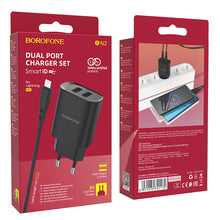 Заредете изображение във визуализатора на галерията – Borofone Wall charger BN2 Super - 2xUSB - 2,1A with USB to Lightning black
