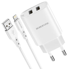 Заредете изображение във визуализатора на галерията – Borofone Wall charger BN2 Super - 2xUSB - 2,1A with USB to Lightning white

