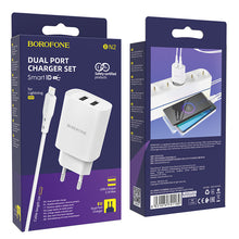 Заредете изображение във визуализатора на галерията – Borofone Wall charger BN2 Super - 2xUSB - 2,1A with USB to Lightning white
