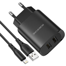 Заредете изображение във визуализатора на галерията – Borofone Wall charger BN2 Super - 2xUSB - 2,1A with USB to MicroUSB black
