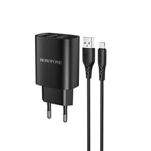Заредете изображение във визуализатора на галерията – Borofone Wall charger BN2 Super - 2xUSB - 2,1A with USB to MicroUSB black
