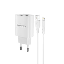 Заредете изображение във визуализатора на галерията – Borofone Wall charger BN2 Super - 2xUSB - 2,1A with USB to MicroUSB white
