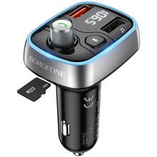 Заредете изображение във визуализатора на галерията – Borofone Transmitter FM BC32 Sunlight MP3, Bluetooth - 2xUSB + microSD - QC 3.0 18W 2,4A black
