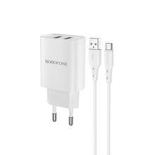 Заредете изображение във визуализатора на галерията – Borofone Wall charger BN2 Super - 2xUSB - 2,1A with USB to Type C white
