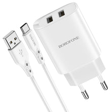 Заредете изображение във визуализатора на галерията – Borofone Wall charger BN2 Super - 2xUSB - 2,1A with USB to Type C white
