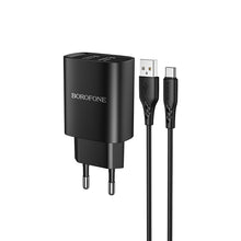 Заредете изображение във визуализатора на галерията – Borofone Wall charger BN2 Super - 2xUSB - 2,1A with USB to Type C black
