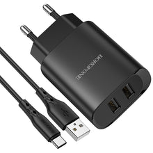 Заредете изображение във визуализатора на галерията – Borofone Wall charger BN2 Super - 2xUSB - 2,1A with USB to Type C black
