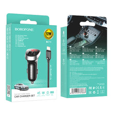 Заредете изображение във визуализатора на галерията – Borofone Car charger BZ15 Auspicious - 2xUSB - 2,4A with USB to Lightning cable black
