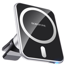 Заредете изображение във визуализатора на галерията – Borofone Car holder BH43 Xperience magnetic with induction charging, air vent mount for Magsafe black-silver
