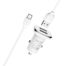 Заредете изображение във визуализатора на галерията – Borofone Car charger BZ12 Lasting Power - 2xUSB - 2,4A with USB to Type C cable white

