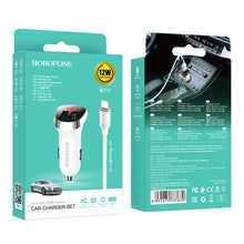 Заредете изображение във визуализатора на галерията – Borofone Car charger BZ15 Auspicious - 2xUSB - 2,4A with USB to Lightning cable white
