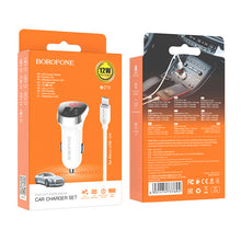 Заредете изображение във визуализатора на галерията – Borofone Car charger BZ15 Auspicious - 2xUSB - 2,4A with USB to MicroUSB cable white
