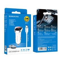 Заредете изображение във визуализатора на галерията – Borofone Car charger BZ15 Auspicious - 2xUSB - 2,4A with USB to Type C cable white
