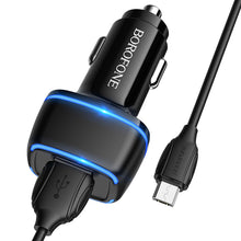 Заредете изображение във визуализатора на галерията – Borofone Car charger BZ14 Max - 2xUSB - 2,4A with USB to Micro USB cable black
