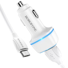 Заредете изображение във визуализатора на галерията – Borofone Car charger BZ14 Max - 2xUSB - 2,4A with USB to Micro USB cable white

