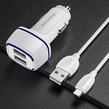 Заредете изображение във визуализатора на галерията – Borofone Car charger BZ14 Max - 2xUSB - 2,4A with USB to Micro USB cable white
