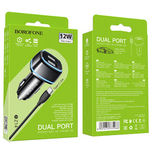 Заредете изображение във визуализатора на галерията – Borofone Car charger BZ14 Max - 2xUSB - 2,4A with USB to Type C cable black

