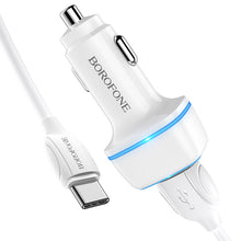 Заредете изображение във визуализатора на галерията – Borofone Car charger BZ14 Max - 2xUSB - 2,4A with USB to Type C cable white

