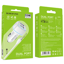 Заредете изображение във визуализатора на галерията – Borofone Car charger BZ14 Max - 2xUSB - 2,4A with USB to Type C cable white
