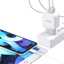 Заредете изображение във визуализатора на галерията – KAKU Wall charger KSC-414 Qiyuan - 2xUSB - 10W 2,4A with USB to Lightning cable white
