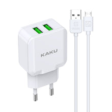 Заредете изображение във визуализатора на галерията – KAKU Wall charger KSC-414 Qiyuan - 2xUSB - 10W 2,4A with USB to Micro USB cable white
