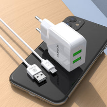 Заредете изображение във визуализатора на галерията – KAKU Wall charger KSC-414 Qiyuan - 2xUSB - 10W 2,4A with USB to Micro USB cable white
