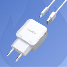 Заредете изображение във визуализатора на галерията – KAKU Wall charger KSC-414 Qiyuan - 2xUSB - 10W 2,4A with USB to Micro USB cable white
