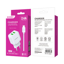 Заредете изображение във визуализатора на галерията – KAKU Wall charger KSC-414 Qiyuan - 2xUSB - 10W 2,4A with USB to Micro USB cable white
